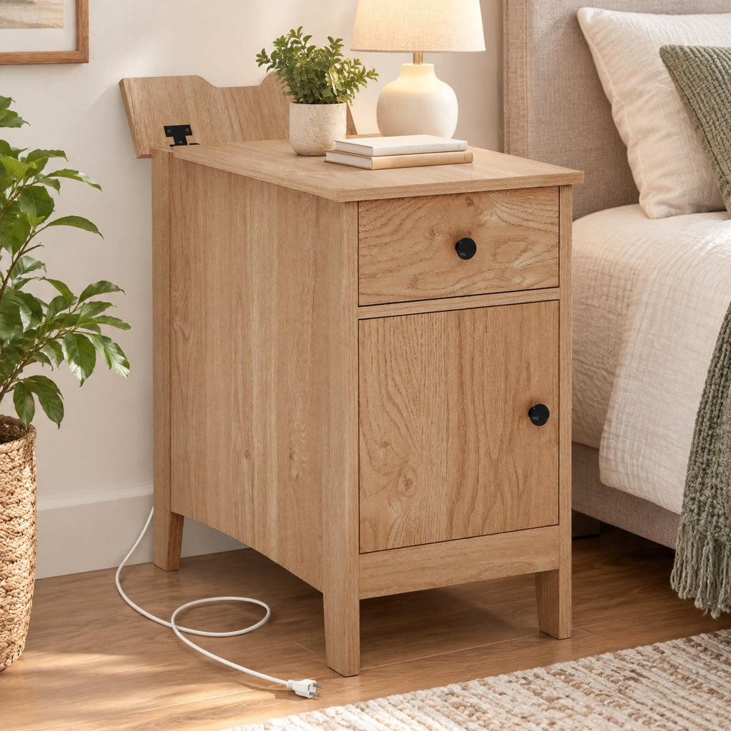 Airfind Flip Top End Table with Charging Station USB Ports Outlets and Drawer, 110 lbs Capacity, Engineered Wood MDF Frame, Natural