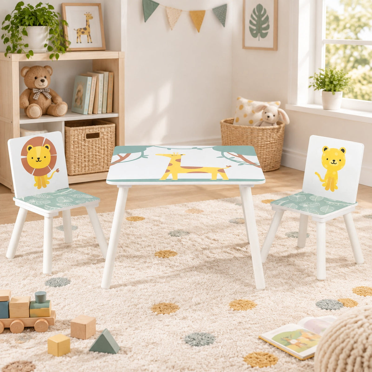 Airfind 3 Pieces Kids Table and Chairs Set with Animal Patterns for Aged 3-6 Years Old, 44 lbs Capacity, Pine Wood, for 3-6 Years Old