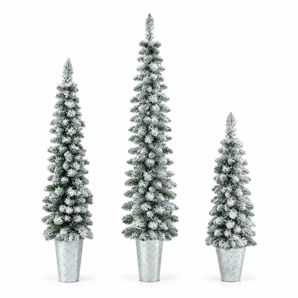 Airfind Set of 3 Pre-Lit Snow Flocked Artificial Christmas Trees witrh 423 Branch Tips, PVC Tree Height 3 ft Tree Width 10in Frame