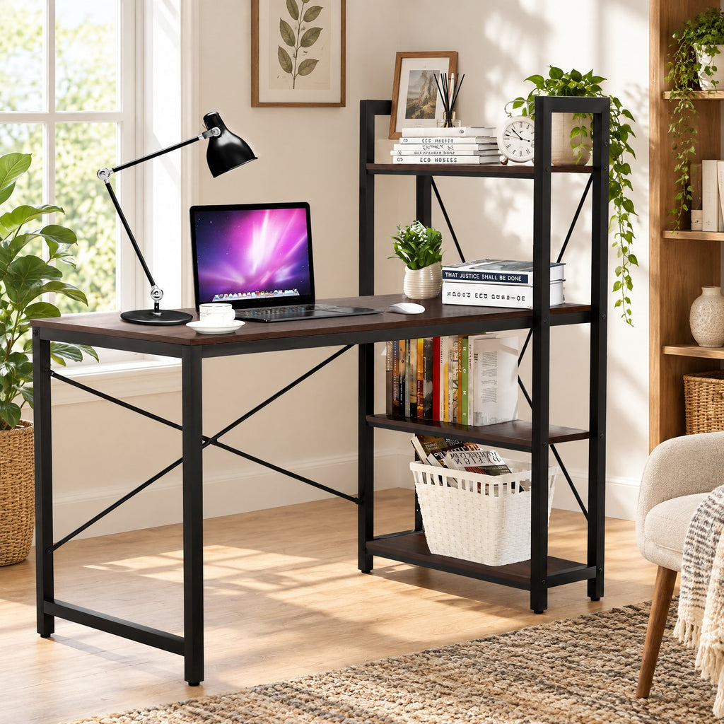 Airfind 47.5 Inch Writing Study Computer Desk with 4-Tier Shelves, P2 MDF Iron Frame, Tan, Product size 47.5in x 24in x 48in (L x W x