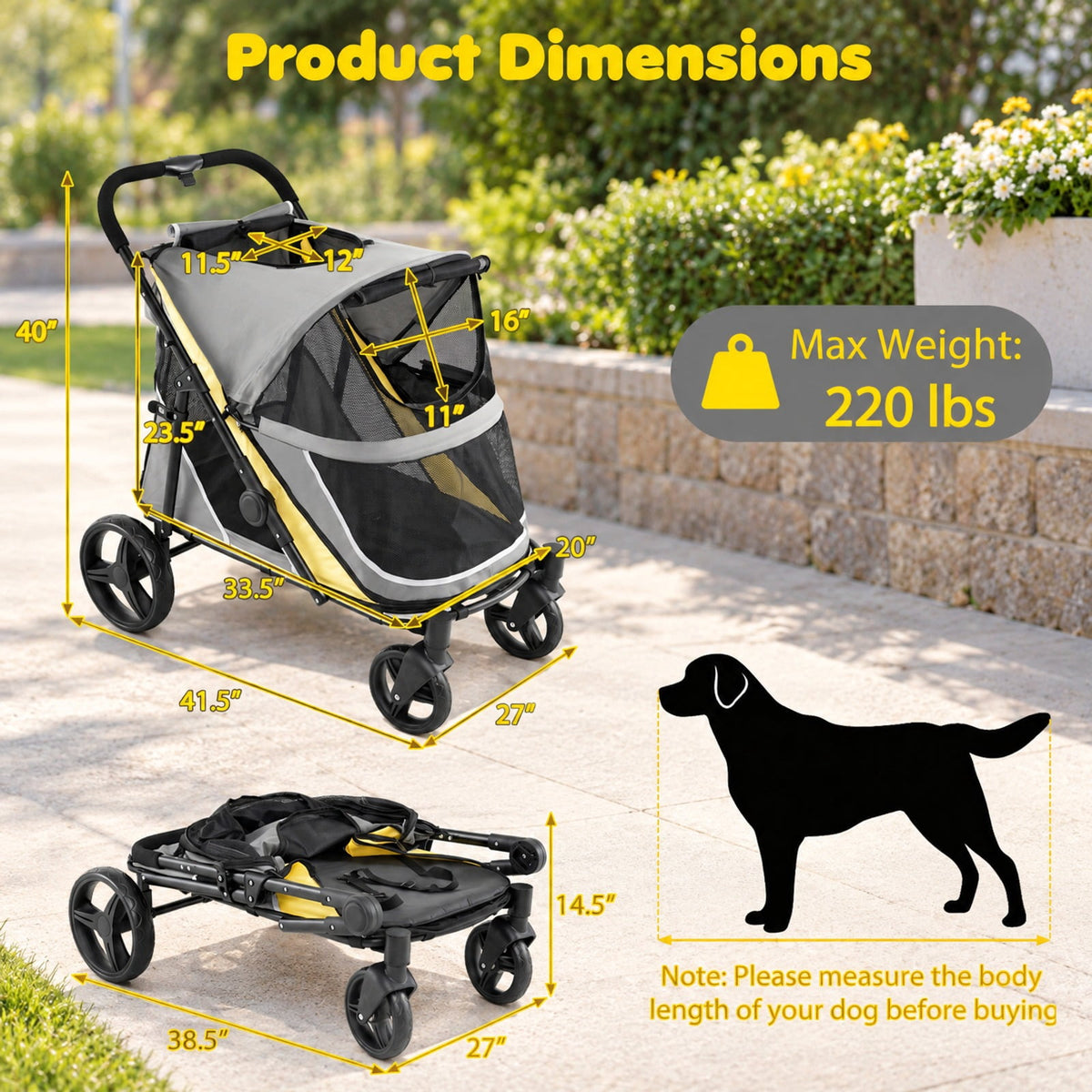 Airfind 220 LBS Heavy Duty Dog Stroller for Large and Medium Dogs with One-Step Foot Brake and Top and Front Windows, 41.5in x 27in x 40inCabin Footprint
