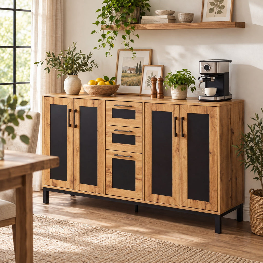 Airfind 63 Inch Sideboard Buffet Cabinet with 3 Drawers and Storage Shelves, 135 lbs Capacity, Engineered Wood Frame, 63 Inch x 16 Inch x 37.5 Inch Footprint