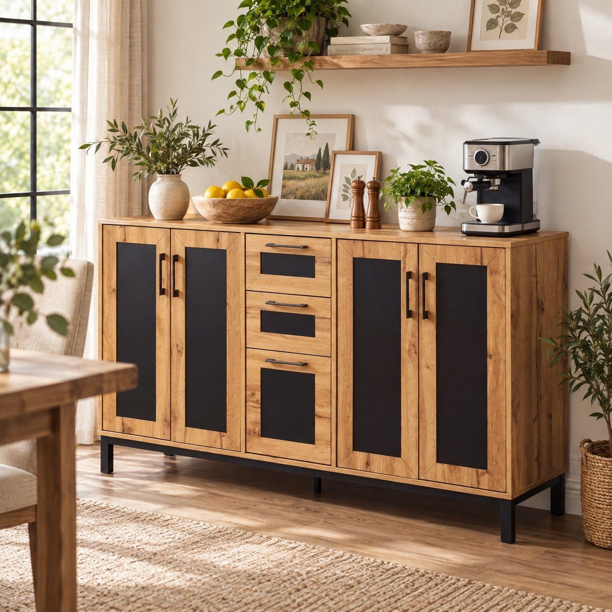 Airfind 63 Inch Sideboard Buffet Cabinet with 3 Drawers and Storage Shelves, 135 lbs Capacity, Engineered Wood Frame, 63 Inch x 16 Inch x 37.5 Inch Footprint