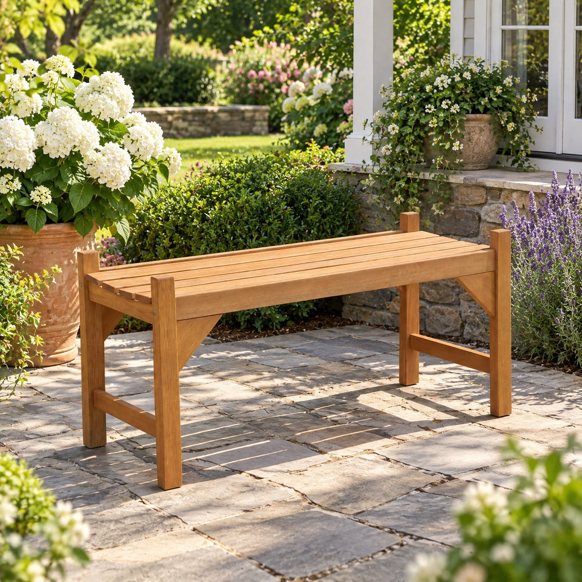 Airfind 40 Inch Outdoor Bench with Slatted Contoured Seat for Deck Entryway-1 Piece, 530 lbs Capacity, Solid Hardwood Frame, Natural