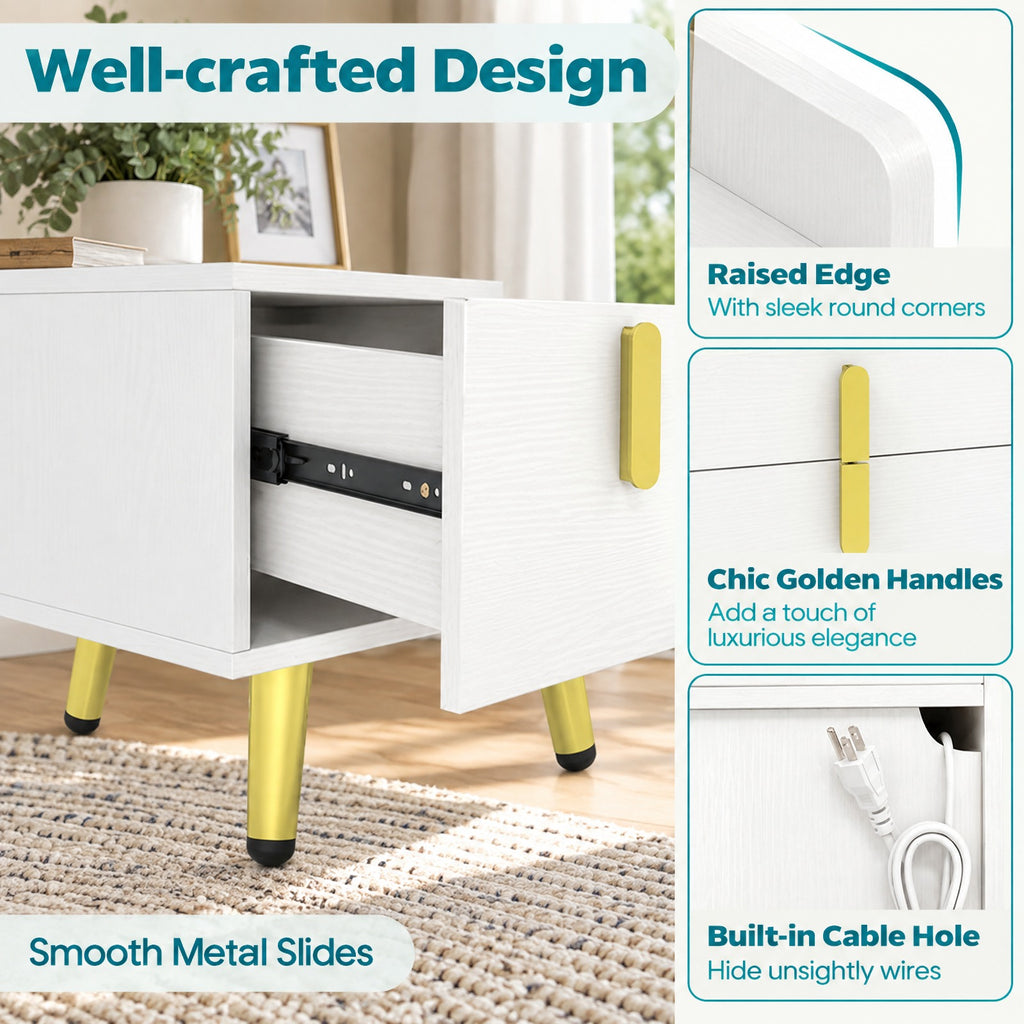 Airfind Nightstand Side Tables with 2 Drawers and Charging Station with 3 AC Outlets and 2 USB Ports, Engineered Wood MDF Metal Frame, 16 Inch x 12.5 Inch 23.5 Inch Drawer Internal Footprint, White