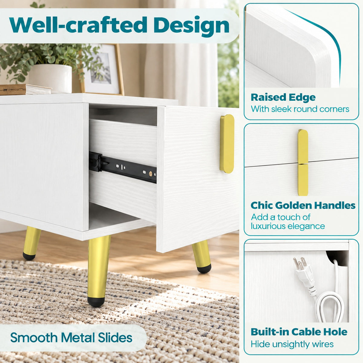 Airfind Nightstand Side Tables with 2 Drawers and Charging Station with 3 AC Outlets and 2 USB Ports, Engineered Wood MDF Metal Frame, 16 Inch x 12.5 Inch 23.5 Inch Drawer Internal Footprint, White