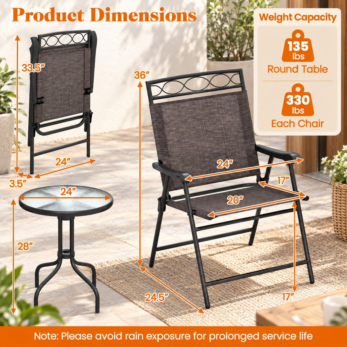 Airfind 3 Pieces Outdoor Bistro Dining Furniture Set with 1.57 Inch Umbrella Hole, 135 lbs Capacity, Fabric Metal Tempered Glass Frame