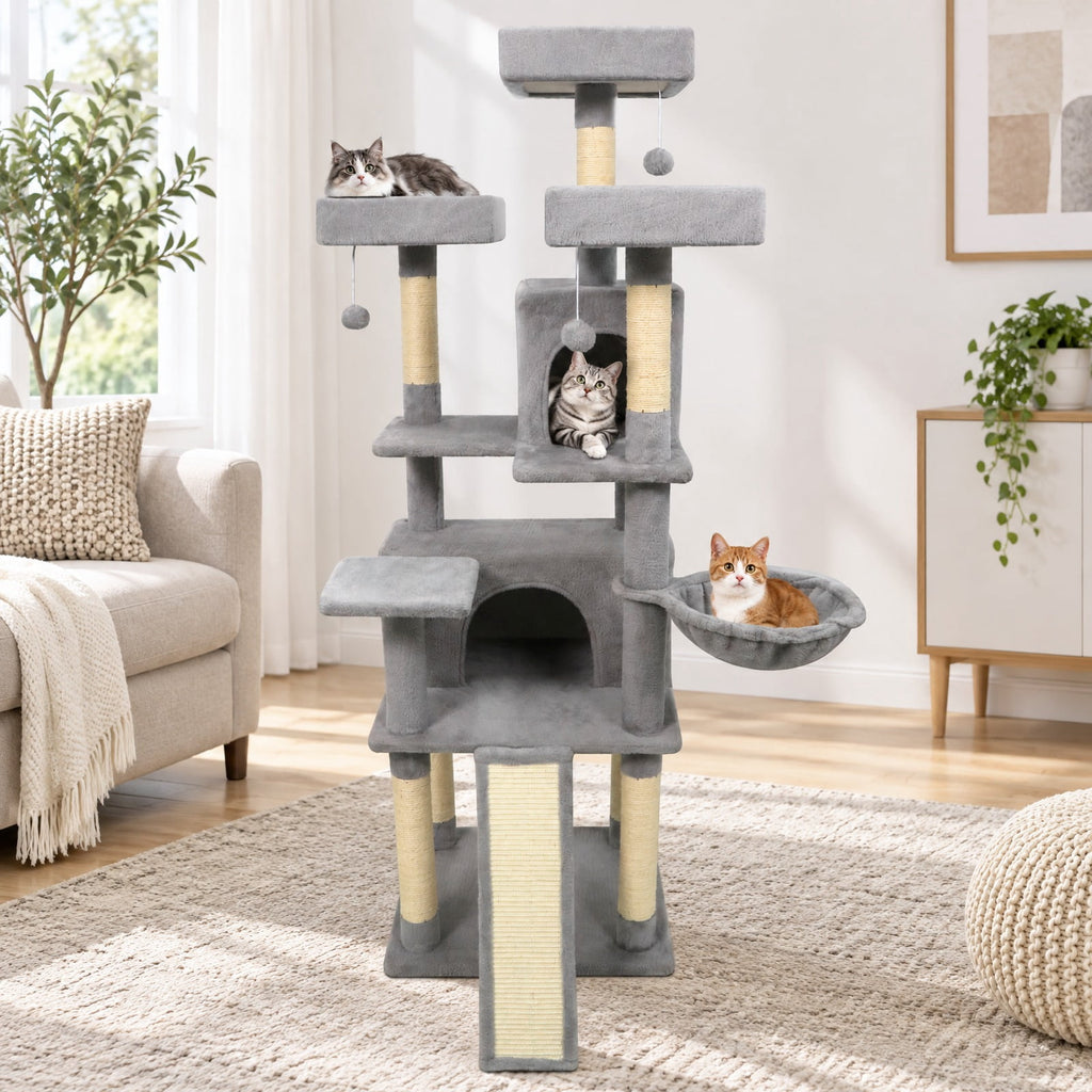Airfind 65 Inch Tall Multi-level Cat Tree with 3 Upholstered Perch and 2 Cat Condos, Fabric Sisal Engineered Wood Overall Height 65 Inch Base Frame