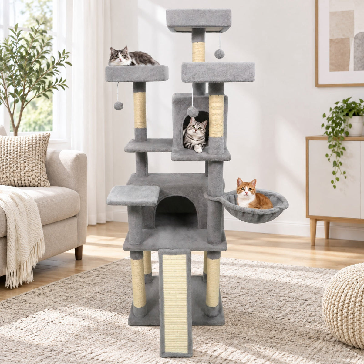 Airfind 65 Inch Tall Multi-level Cat Tree with 3 Upholstered Perch and 2 Cat Condos, Fabric Sisal Engineered Wood Overall Height 65 Inch Base Frame