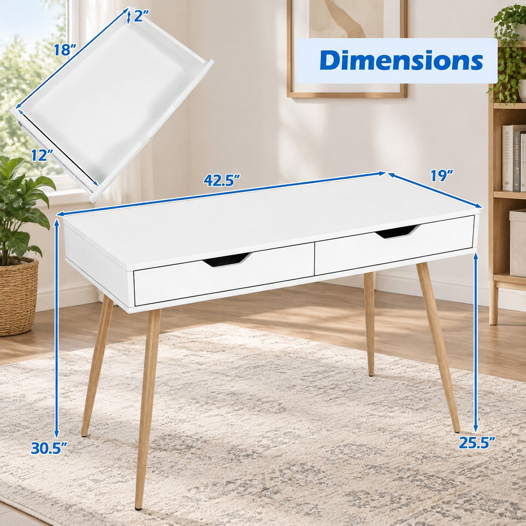 Airfind 43.5 Inch Computer Desk with 2 Drawers for Small Spaces, 165 lbs Capacity, Engineered Wood Frame, White