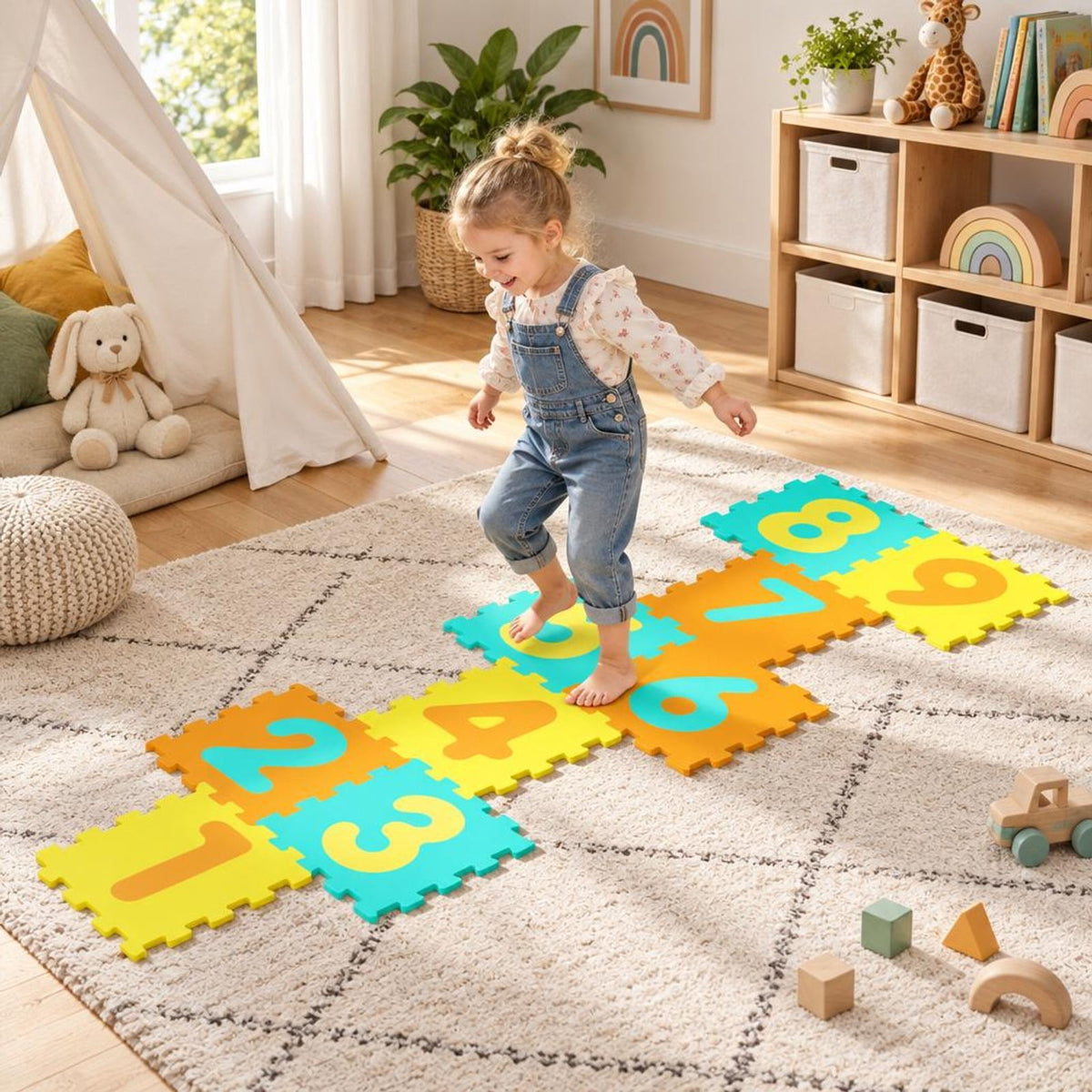 Airfind 9 Pieces Interlocking Foam Puzzle Floor Mat with 3 Marker Discs, EVA Foam Single Piece Frame, for 10 Months+, 71.5 Inch x 24.5 Inch Footprint
