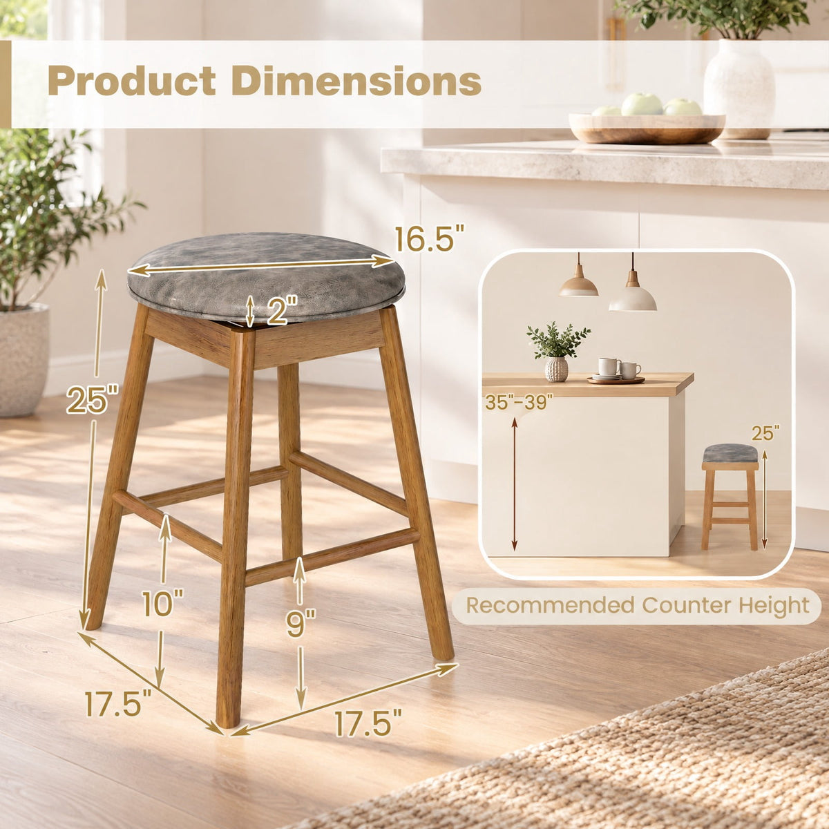 Airfind Swivel Counter Height Barstools with Solid Wood Legs and Footrests-Set of 2, 290 lbs Capacity, PU Leather Sponge Rubber Wood MDF Frame, Wood