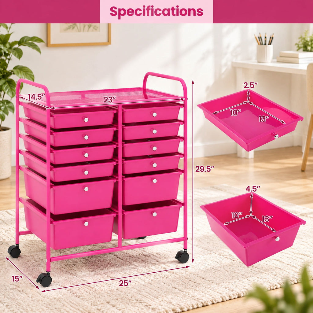 Airfind 12, Drawer Rolling Storage Cart with Removable Drawers and Lockable Wheels, Rose Red, Heavy, duty metal frame ensures excellent stability