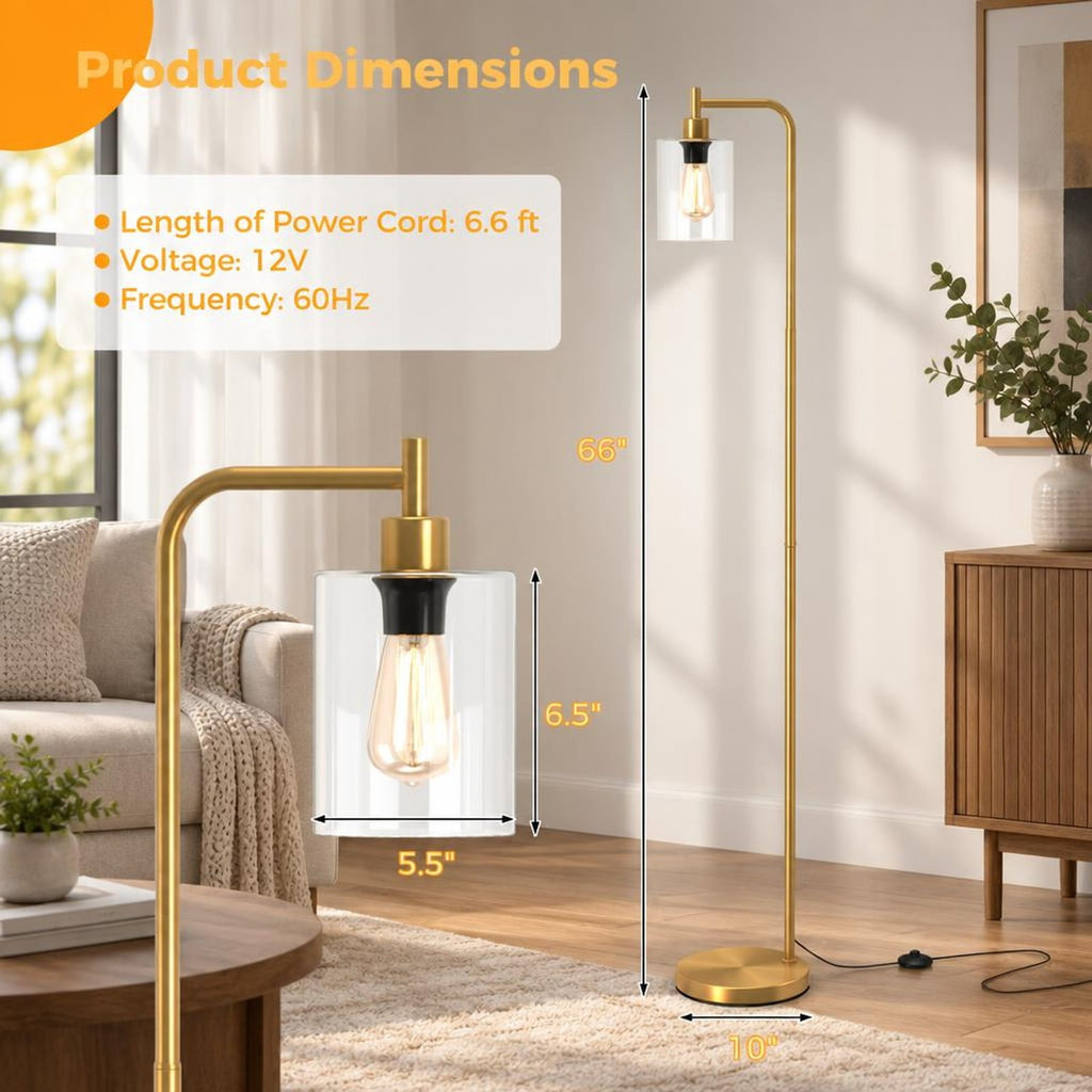 Airfind Modern Floor Lamp with Hanging Glass Lampshade and Foot Switch, 10in x 66inSize of Lampshade 5.5in x 6.5inLength of Footprint, Black