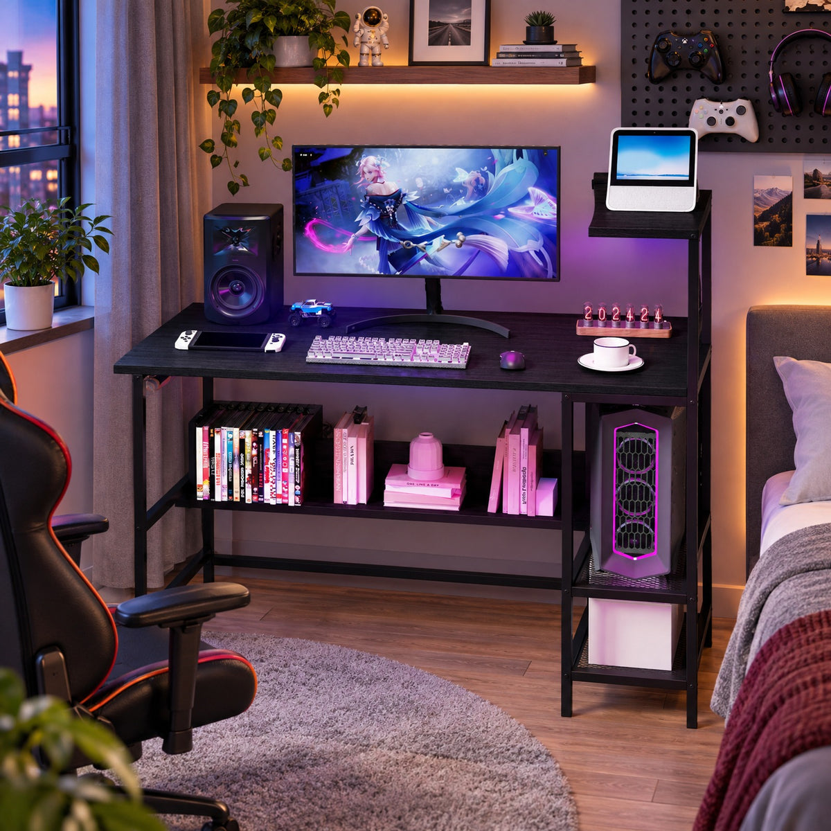 Airfind 48 Inch Computer Desk with Power Outlets and Storage Shelves, 88 lbs Capacity, Engineered Wood Metal Frame, 48 Inch x 23 Inch x 43.5 Inch Footprint