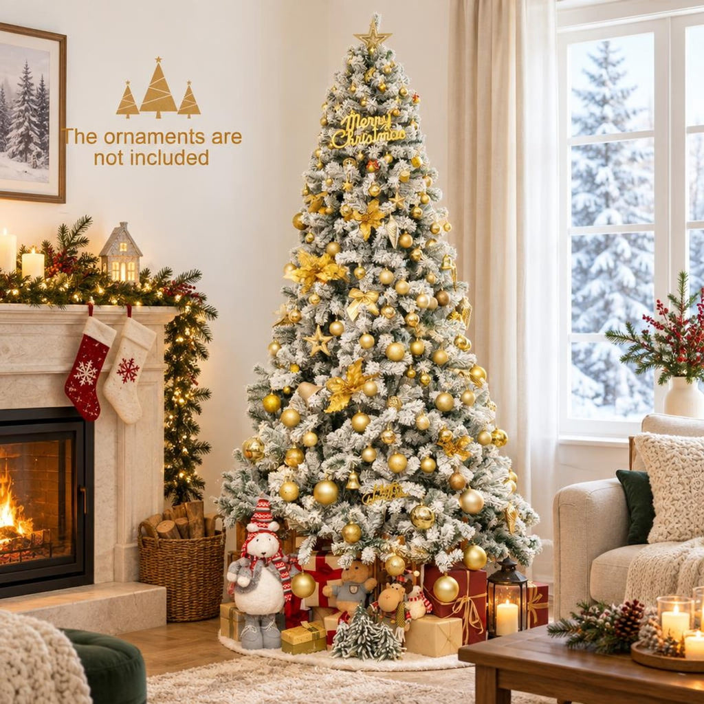 Airfind Snow-flocked Artificial Christmas Tree 9 Ft featuring Hinged PVC Branches and Metal Stand for Indoor Holiday Decor, White