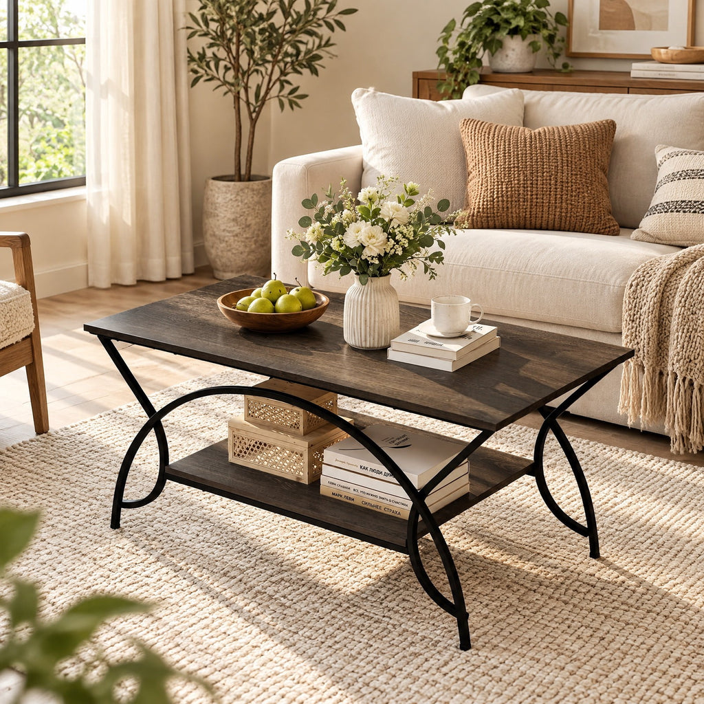 Airfind 2-Tier wood grain Coffee Table with wood grain top and Metal Frame, 110 lbs Capacity, Engineered wood steel Frame, Oak