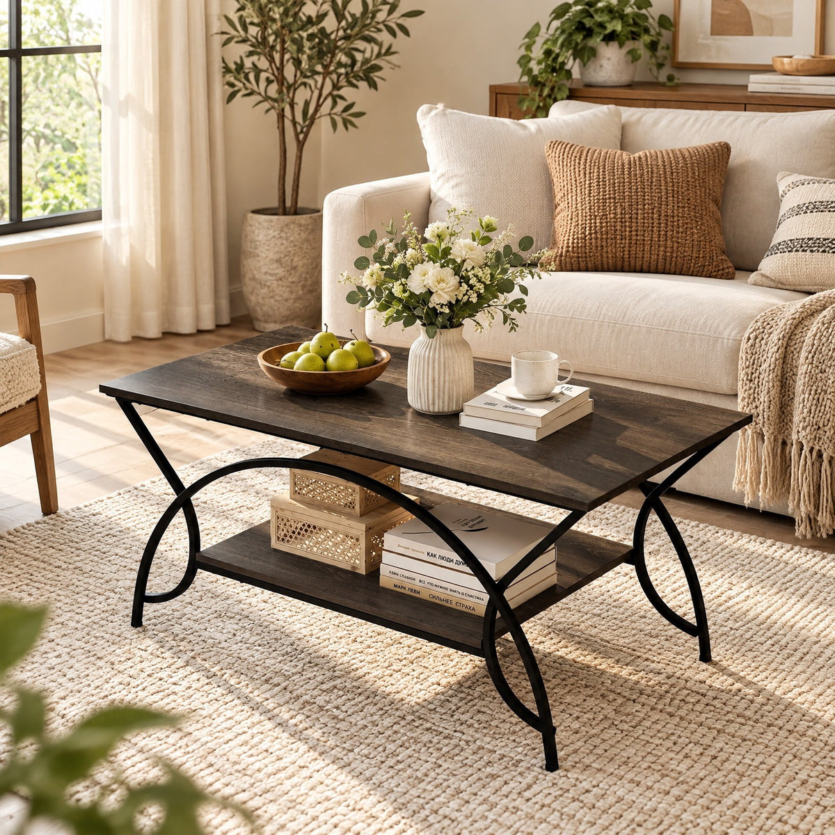 Airfind 2-Tier wood grain Coffee Table with wood grain top and Metal Frame, 110 lbs Capacity, Engineered wood steel Frame, Oak