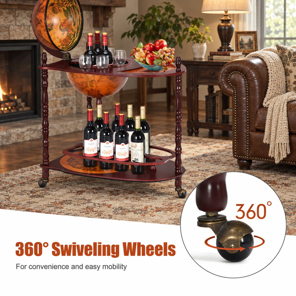 Airfind Vintage Globe Rolling Wine Bar Cart with Extra Shelf, Wood， plastic globe Assembly Frame, Brand new and high quality