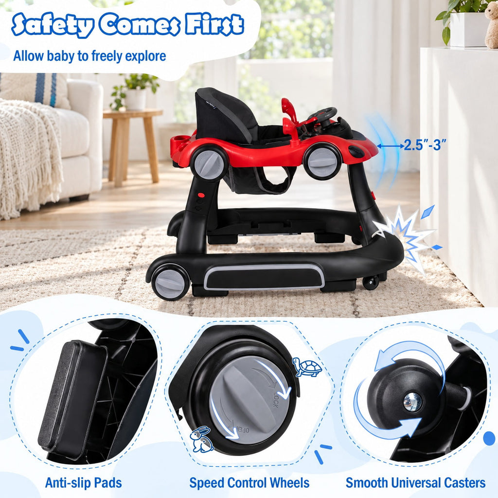 Airfind 6-in-1 Baby Walker with Canopy Portable Activity Center Bouncer Rocker Combo with Music, 27 lbs Capacity, PP ABS Fabric Sponge Frame, Red