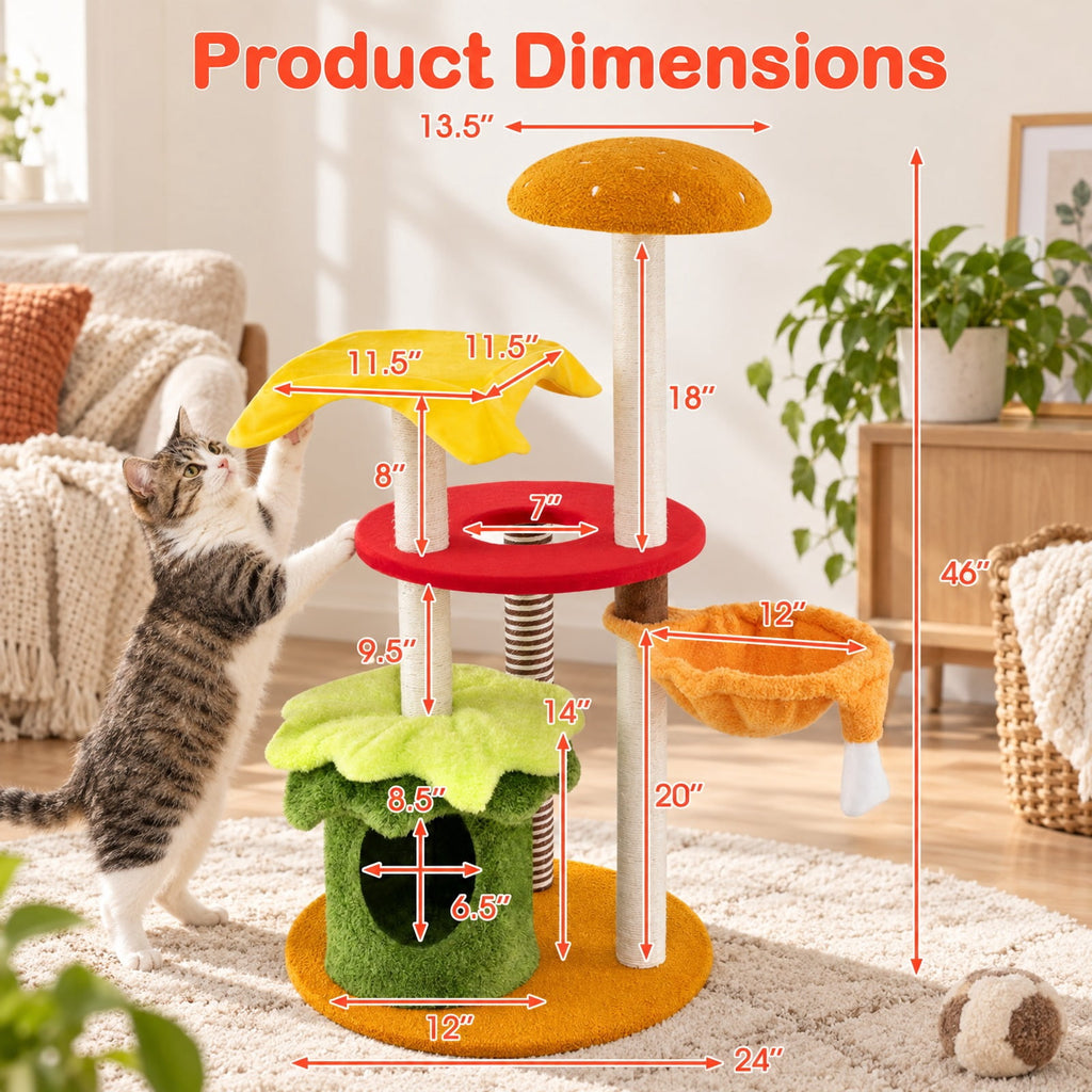 Airfind 46 Inch Tall Cat Tree Multi-Level with Padded Perch and Hanging Basket Bed, 22 lbs Capacity, 24 Inch x 46 Inch (Dia. x H) Condo Footprint, Yellow
