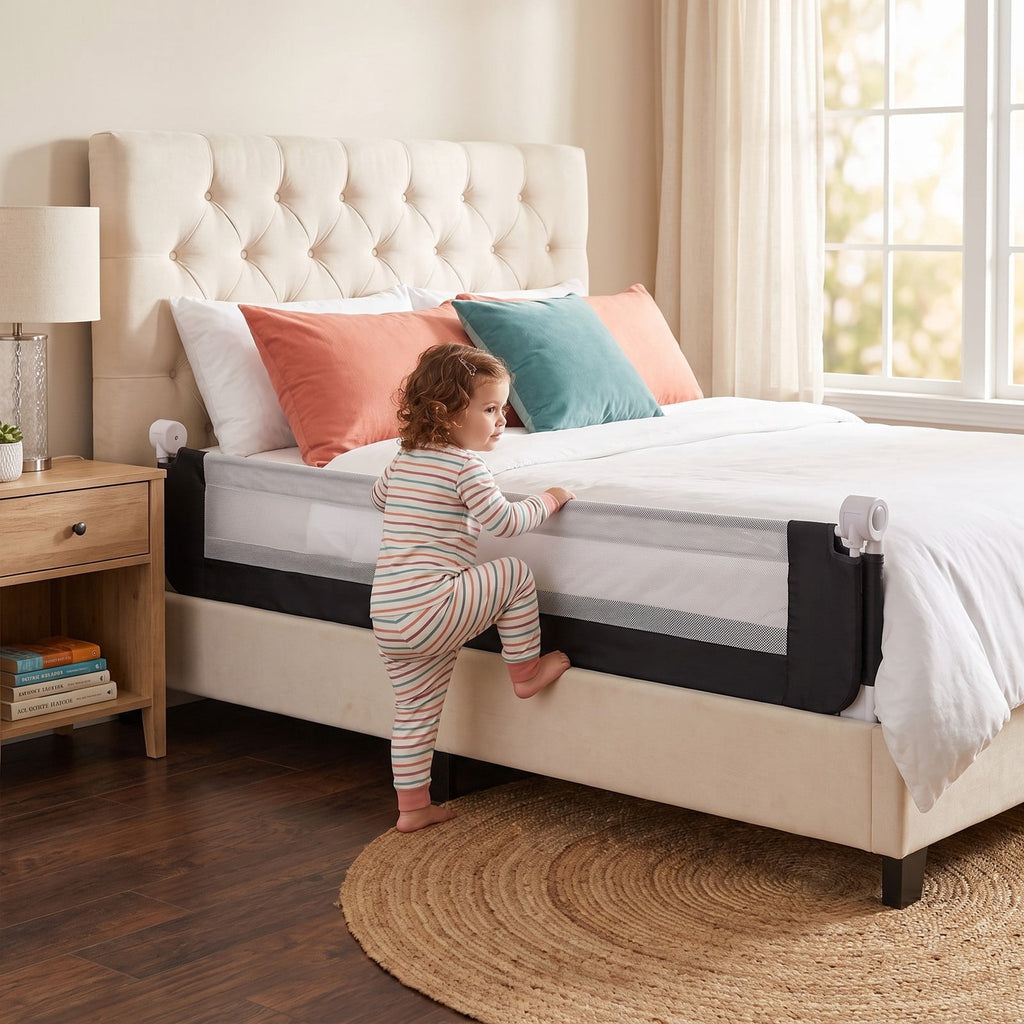Airfind 71-Inch Foldable Bed Rail Swing Down Baby Bed Guard Rail with Adjustable Safety Strap, Metal Oxford Cloth PP Cotton, Blue