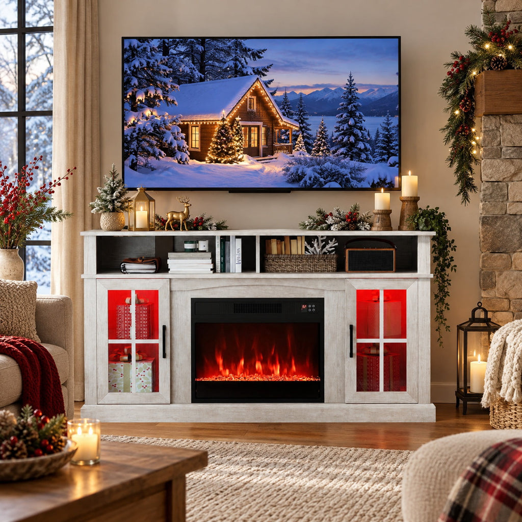Airfind 58 Inch Fireplace TV Stand with LED Lights with Storage Cabinets and Glass Doors, 70 lbs Capacity, MDF Metal Tempered Glass Frame, Gray