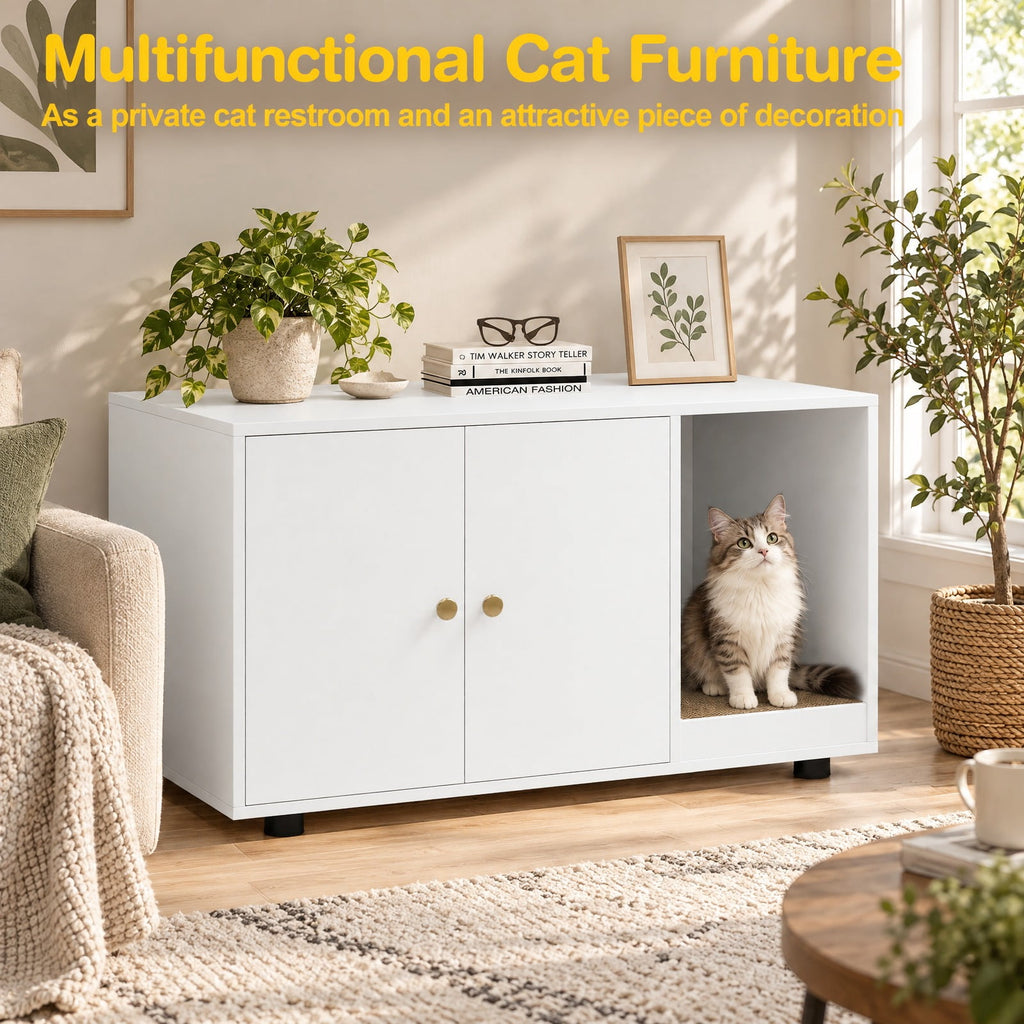 Airfind Wooden Cat Litter Box Enclosure Hidden Litter Box Furniture with Scratching Board, Engineered Board MDF Frame, White