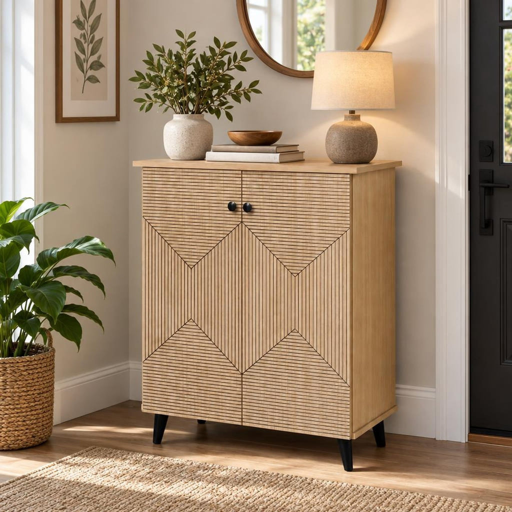 Airfind High‑quality 2‑Door Geometric Cabinet Freestanding Decorative Footwear Storage Unit with Carved Panels for Indoor Home Use, 66 lbs Capacity