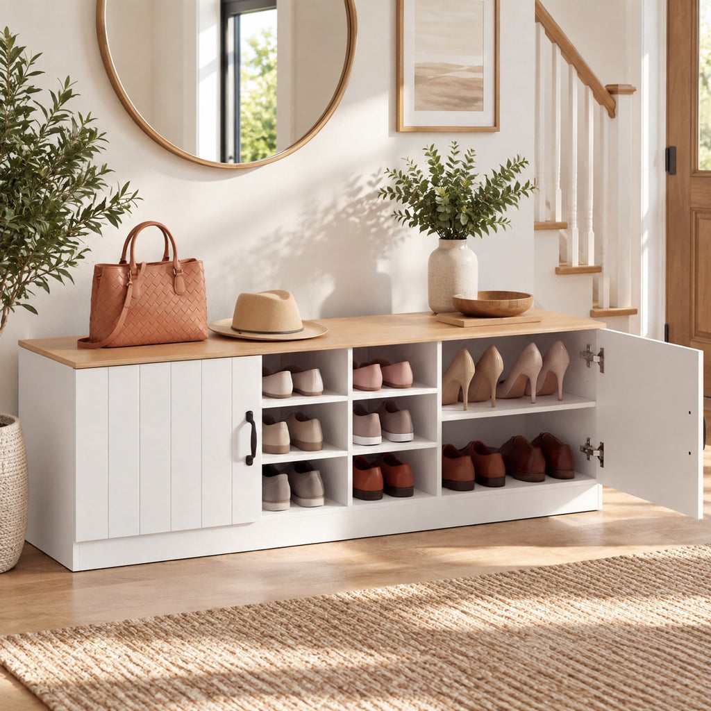 Airfind 2-Door Shoe Bench Storage Cabinet with Adjustable Shelves, 300 lbs Capacity, Engineered Wood MDF Frame, 59in x 16in x 19in Footprint, Natural