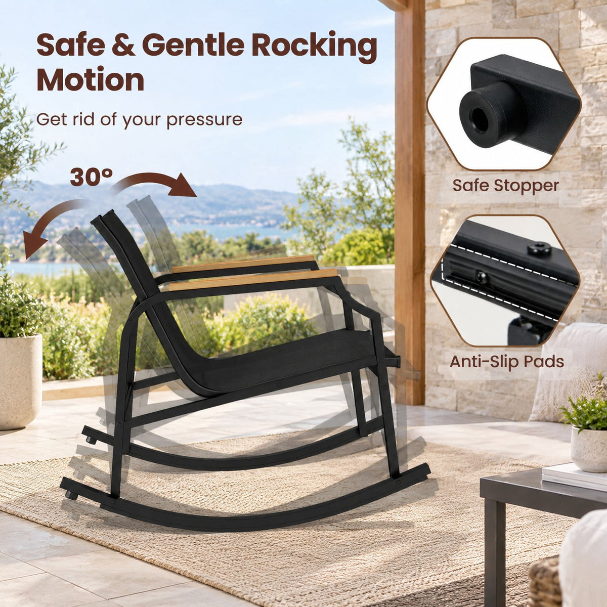 Airfind 3 Piece Patio Rocking Bistro Set with Tempered Glass Coffee Table and Armrests for Porch, Rocking Chair 330 lbs Capacity, Black