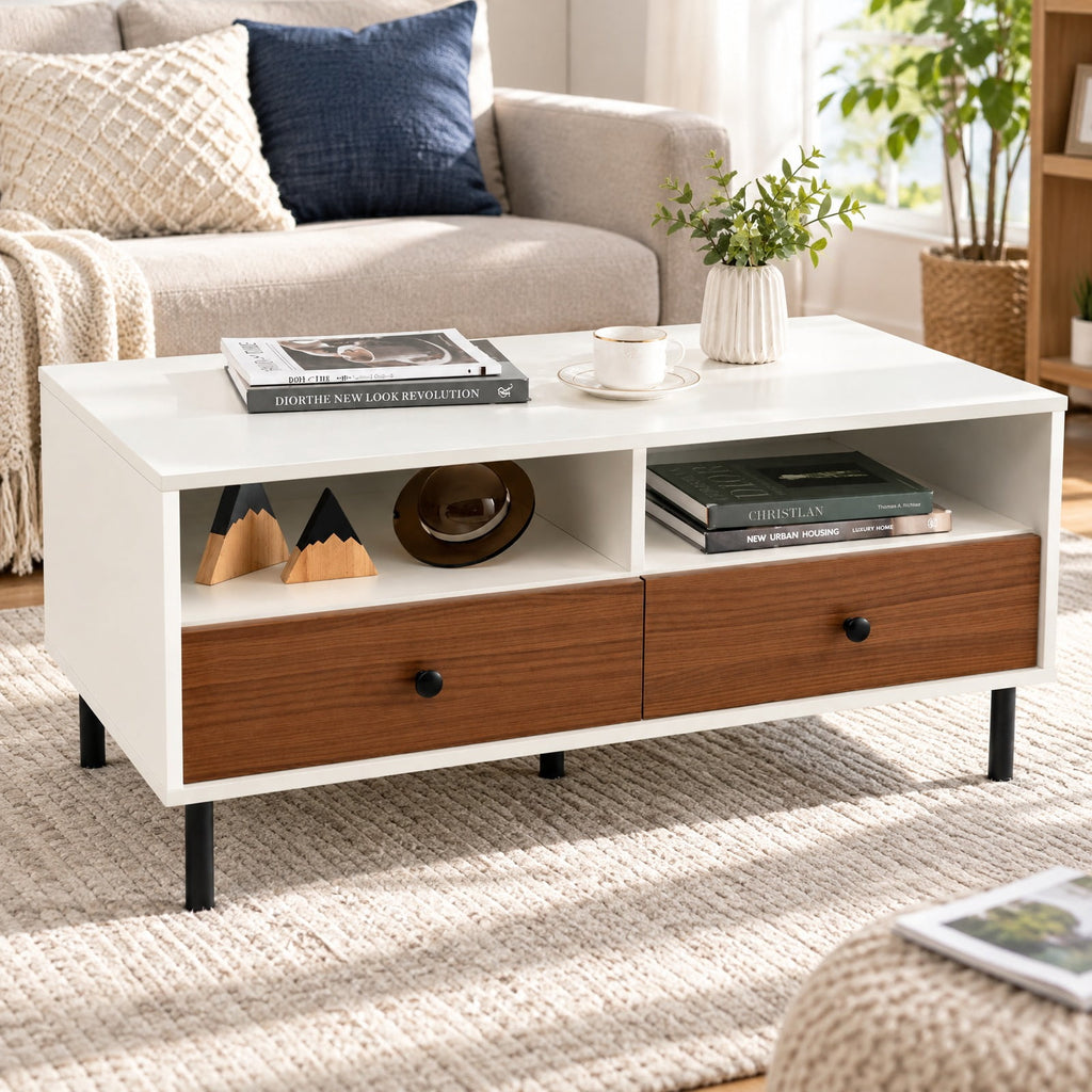 Airfind 2 Tier 40 Inch Length Modern Rectangle Coffee Table with Storage Shelf and Drawers, 200 lbs Capacity, Engineered Wood MDF Frame, White
