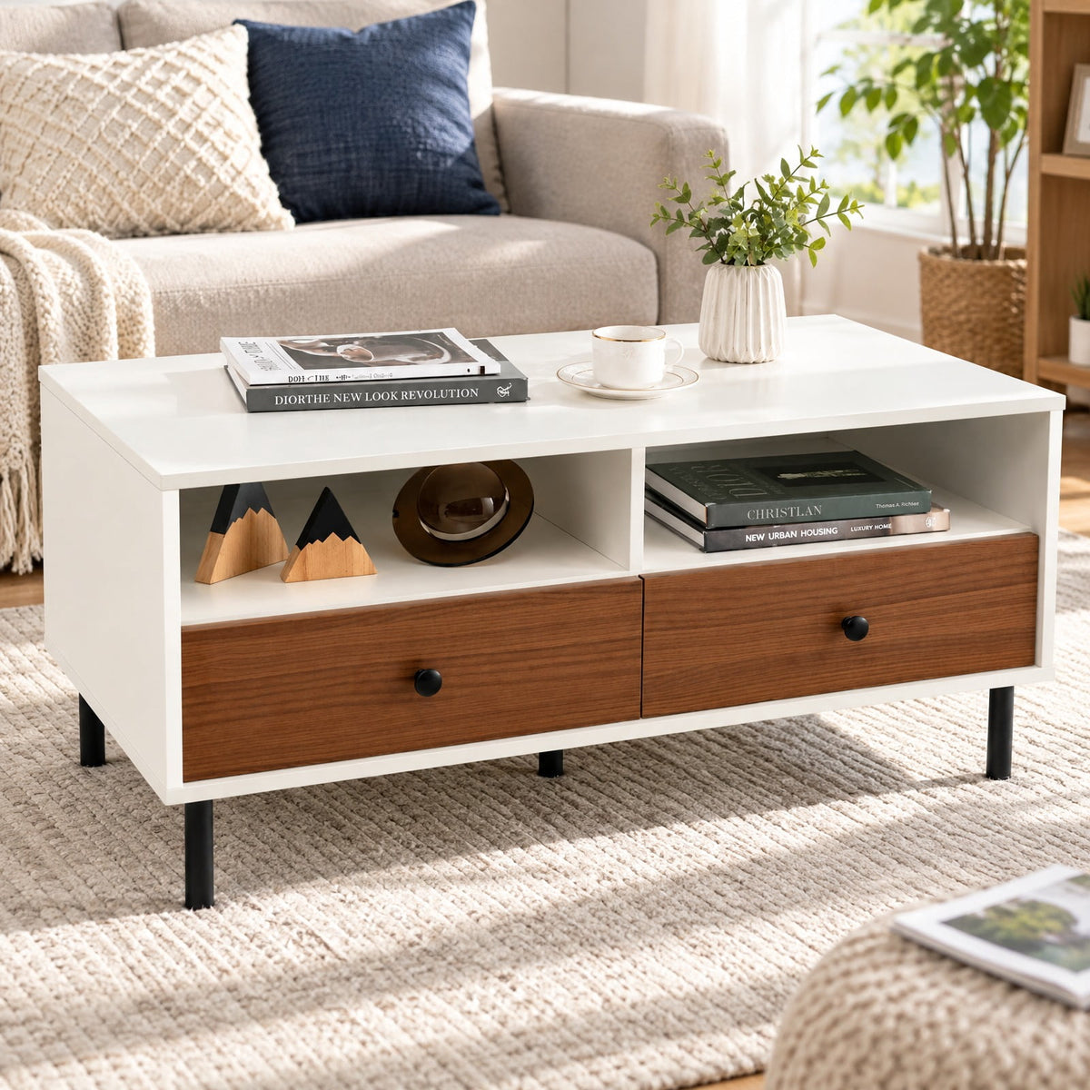 Airfind 2 Tier 40 Inch Length Modern Rectangle Coffee Table with Storage Shelf and Drawers, 200 lbs Capacity, Engineered Wood MDF Frame, White