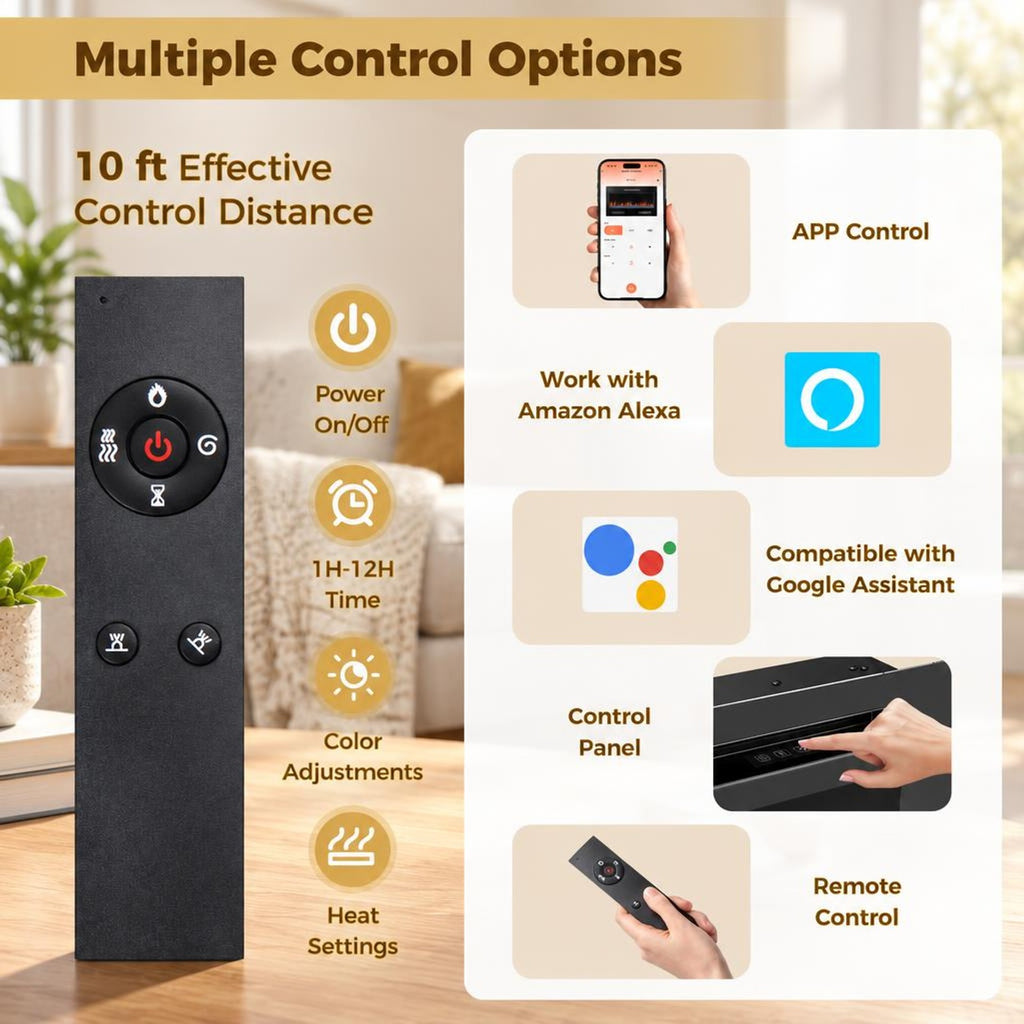 Airfind Smart WiFi Electric Fireplace Wall Mounted and Recessed 750W/1500W Heater-60 Inch, Black, Power Cord 5 ft Net Weight-36in 29.5 lbs