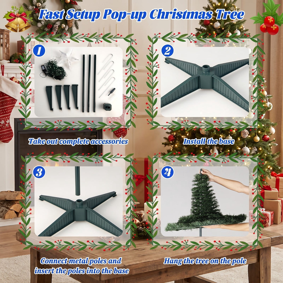 Airfind 6.2 Feet Pop-up Lighted Christmas Tree with 282 RGB LED Lights, PVC PP steel Frame, 2 x 6.2 ft Footprint, Green