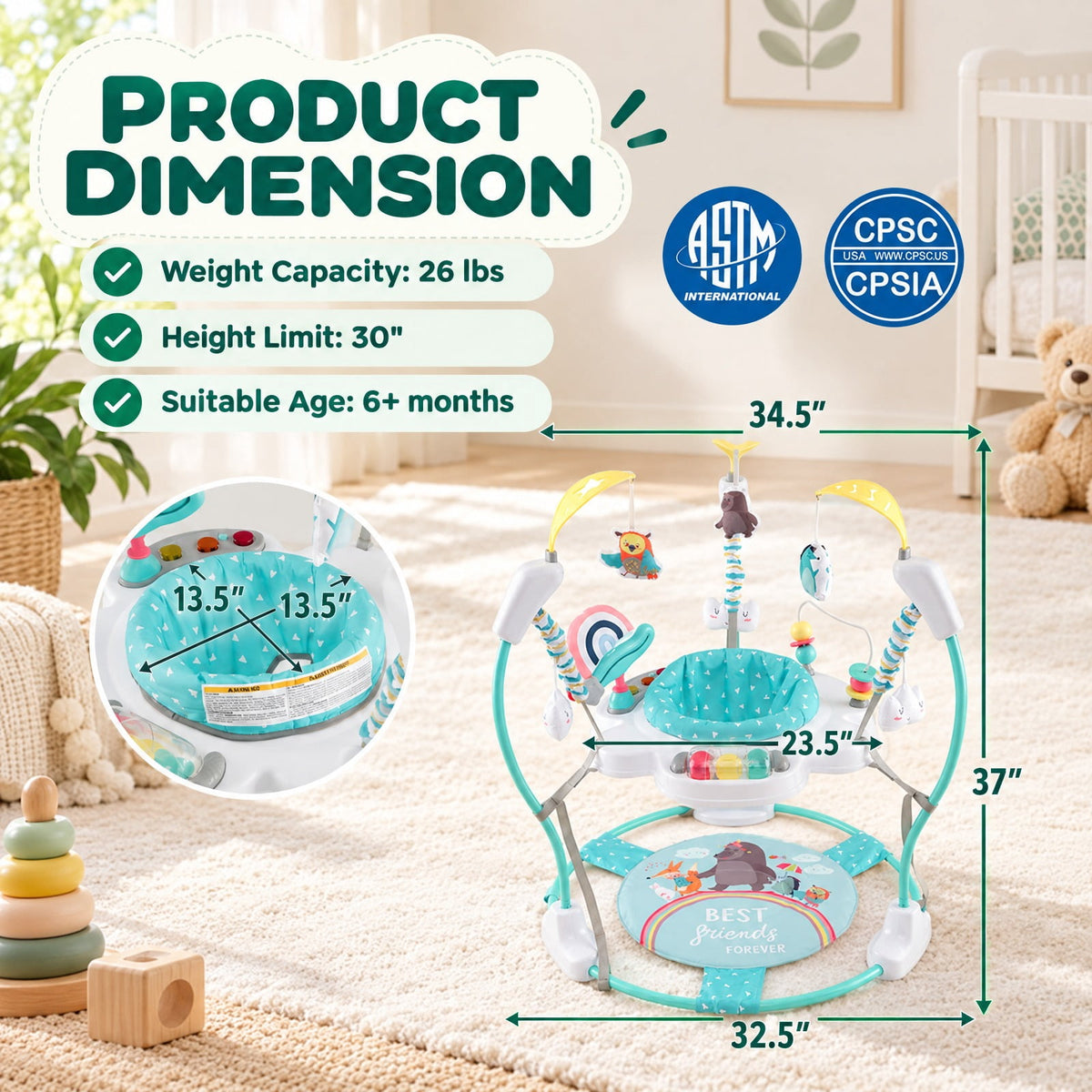 Airfind Baby Activity Center Height Adjustable Baby Bouncing Saucer with Interactive Toys, 26 lbs Capacity, Metal Frame, for 6+ months, Blue