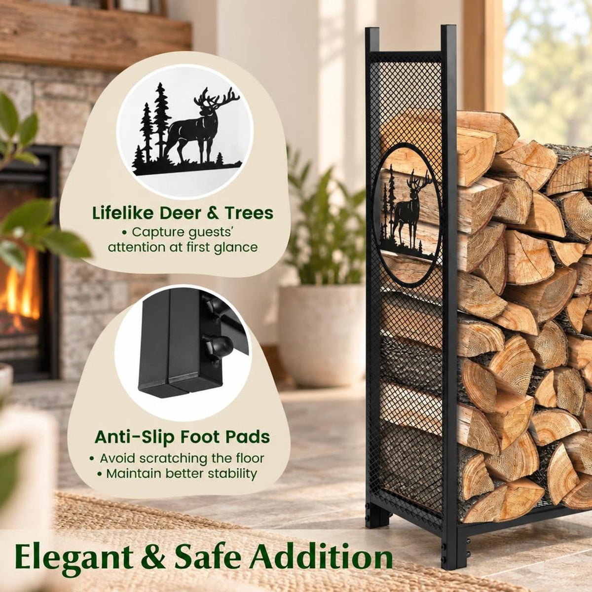 Airfind 4 Feet Firewood Rack Stand with Mesh Sides, 300 lbs Capacity, Metal Frame, 48 x 15 x 46 Footprint, Black