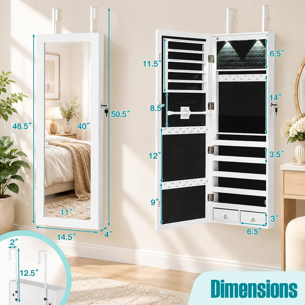 Airfind Lockable Wall Mount Mirrored Jewelry Cabinet with LED Lights, MDF Type: Wall/Door mounted Frame, 14.6 Inch x 3.8 Inch x 43.3 Inch Footprint, White