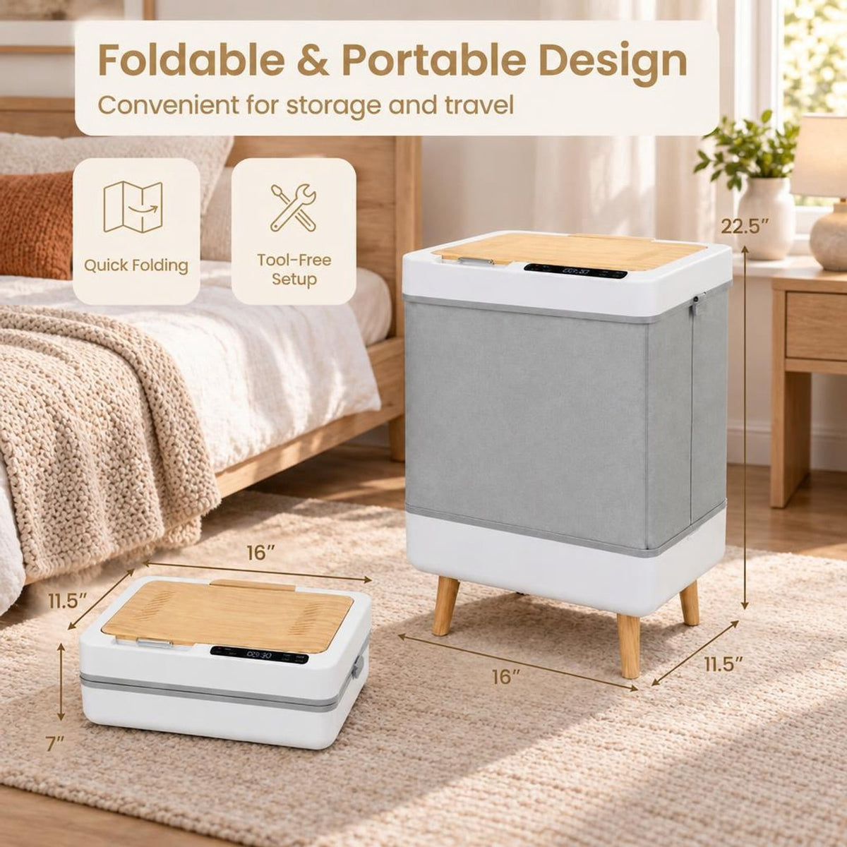 Airfind Towel Warmer Bucket with Foldable Design and Auto Shut Off for Bathroom, Natural, 8 mins to max temperature