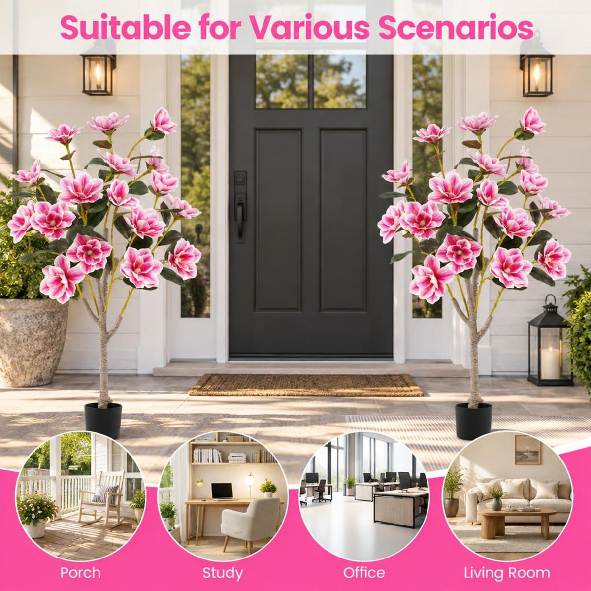Airfind Faux Wedding Flower Plant with Elegant PEVA Leaves and Multi-branch Trunks, PEVA PE PP Cement Tree Height 51 Inch Flowerpot, Pink