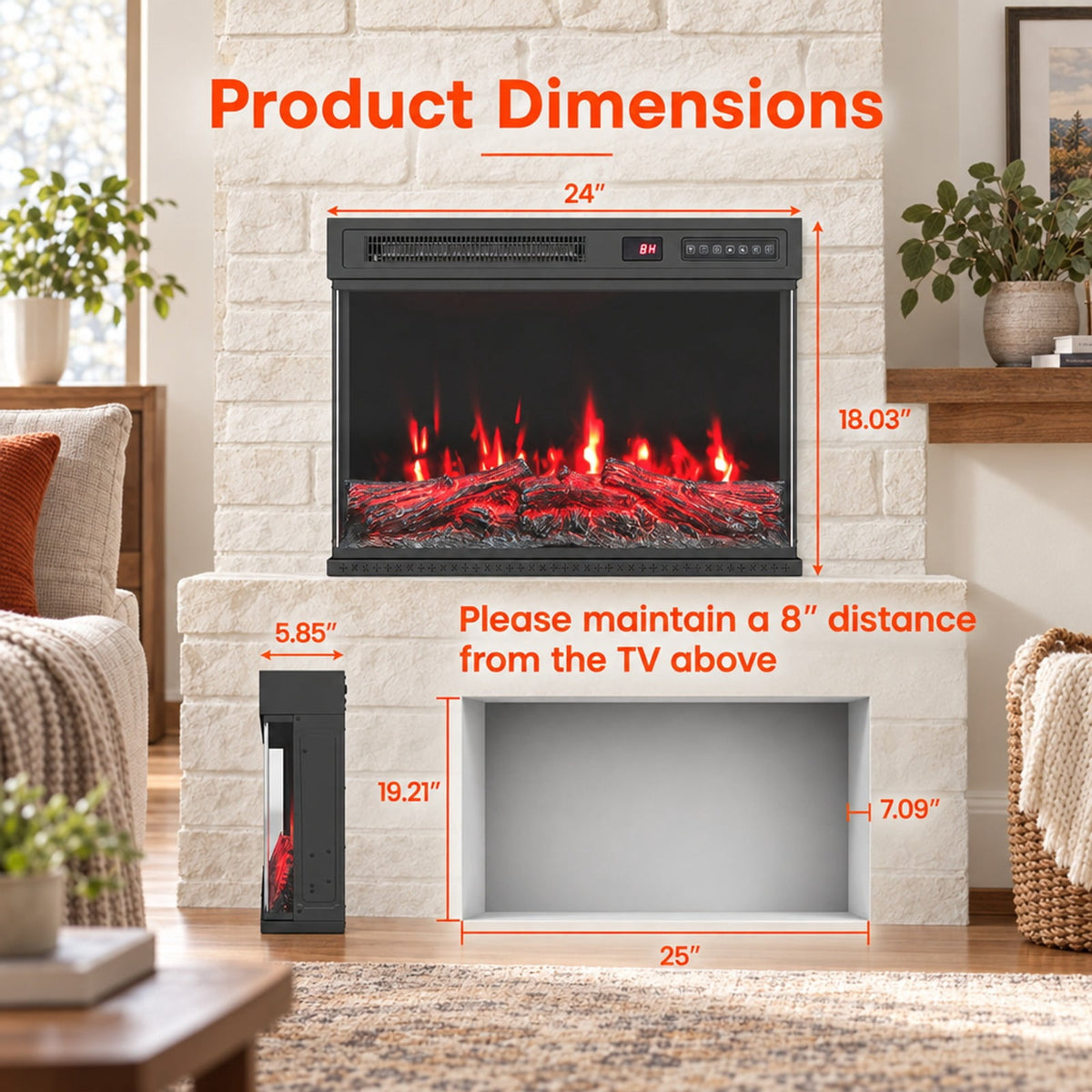 Airfind 24 Inch Electric Fireplace Insert, 3-Sided Glass Built-in Recessed Fireplace featuring 12 Flame Colors, Remote Control and Timer, Black