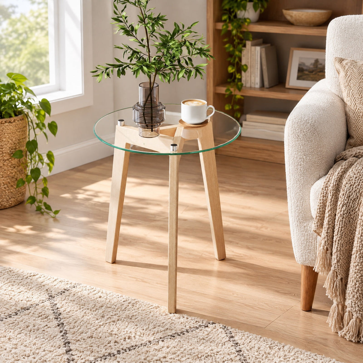 Airfind Tempered Glass End Table Round with Solid Rubber Wood Structure-1 Piece, 110 Lbs Capacity, Tempered Glass Rubber Wood Plywood, Natural