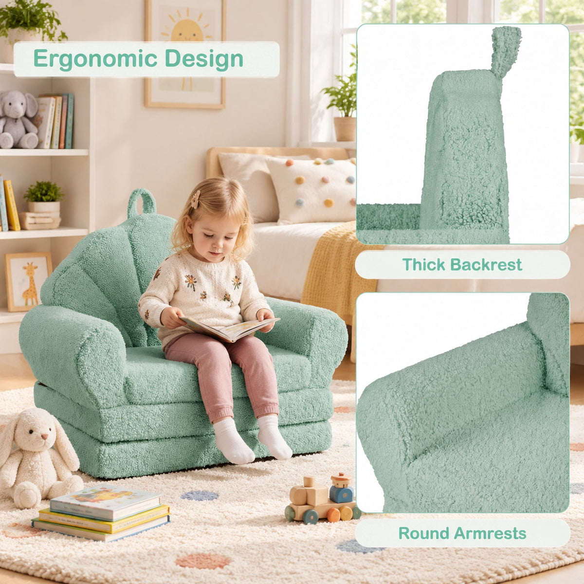 Airfind Convertible Kids Sofa 2, in, 1 Fold out Toddler Couch Chair, Green, Can be used as a sofa chair or a flat lounge bed, No assembly needed