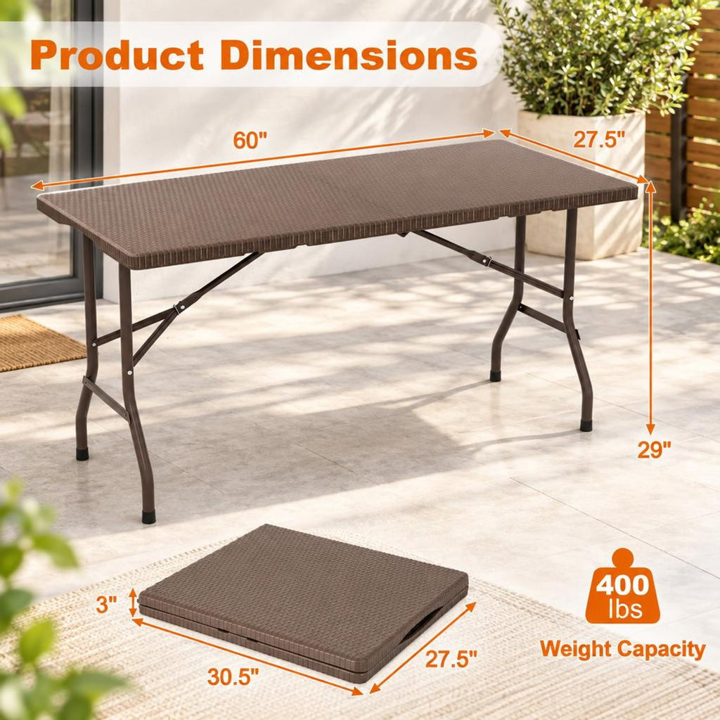 Airfind 5FT Folding Picnic Table with Rattan Grain HDPE Tabletop and Sturdy Metal Fame, 400 lbs Capacity, HDPE Metal Frame, Coffee