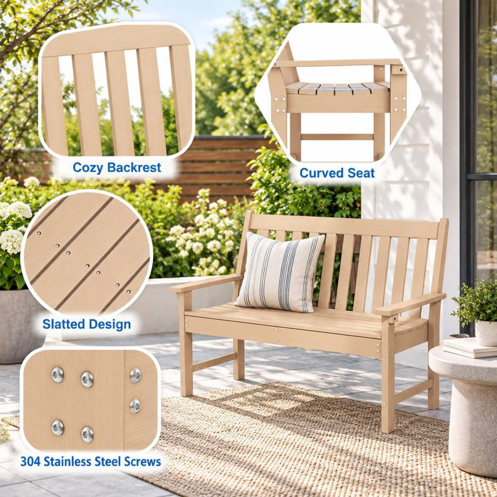 Airfind 52 Inch All-Weather HDPE Outdoor Bench with Backrest and Armrests, 705 lbs Capacity, HDPE Frame, Gray