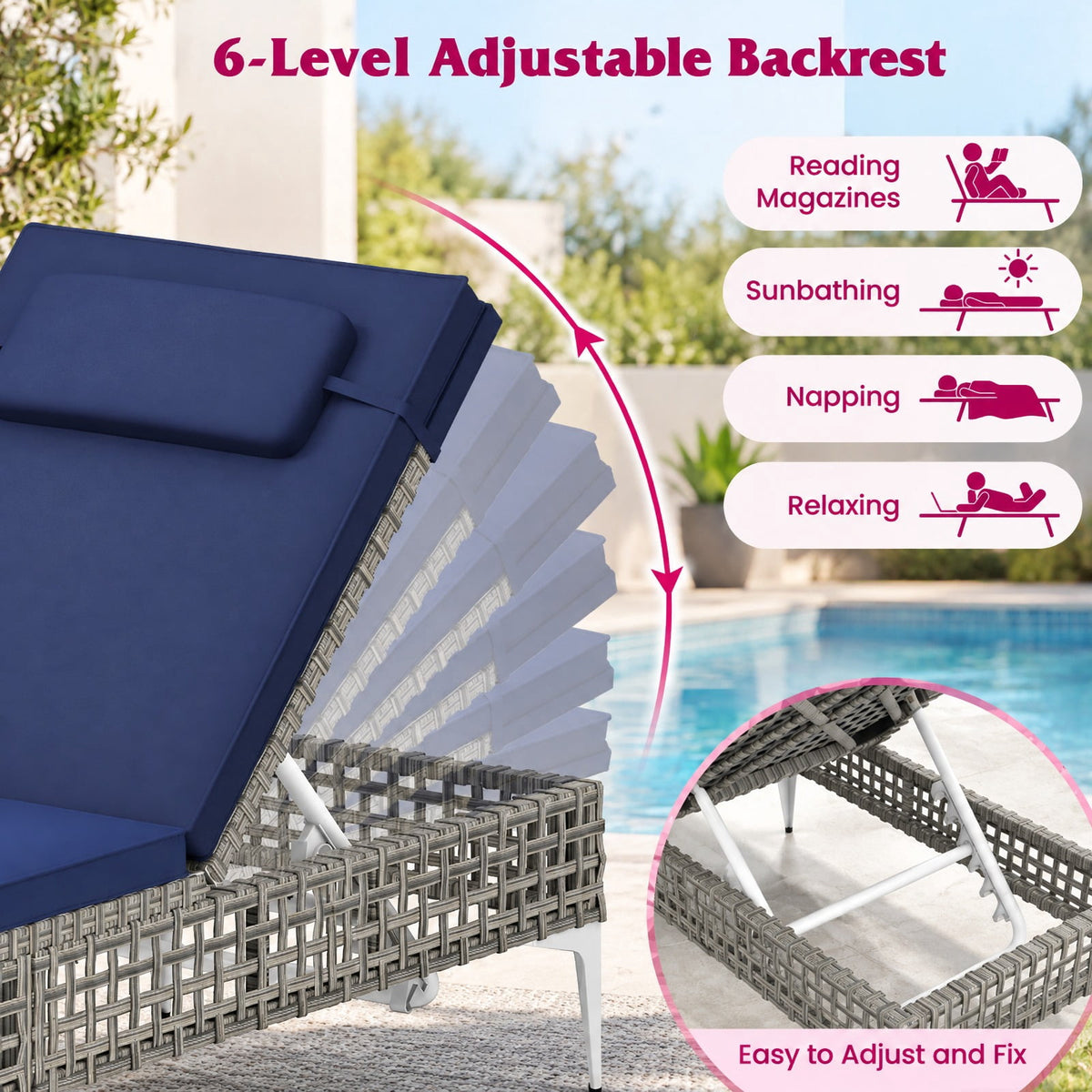 Airfind Patio Chaise Lounge Chair with 6-Level Adjustable Backrest and Headrest for Poolside, 400 lbs Capacity, 76.5 x 21.5 x 12.5 Footprint