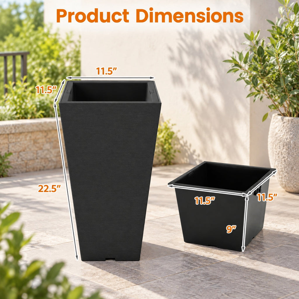 Airfind 22.5 inch Tall Square Planter Set of 2 Self-Watering Flower Pots with Removable Inner Bucket, PP Frame, 11.5 x 11.5 x 22.5 Footprint