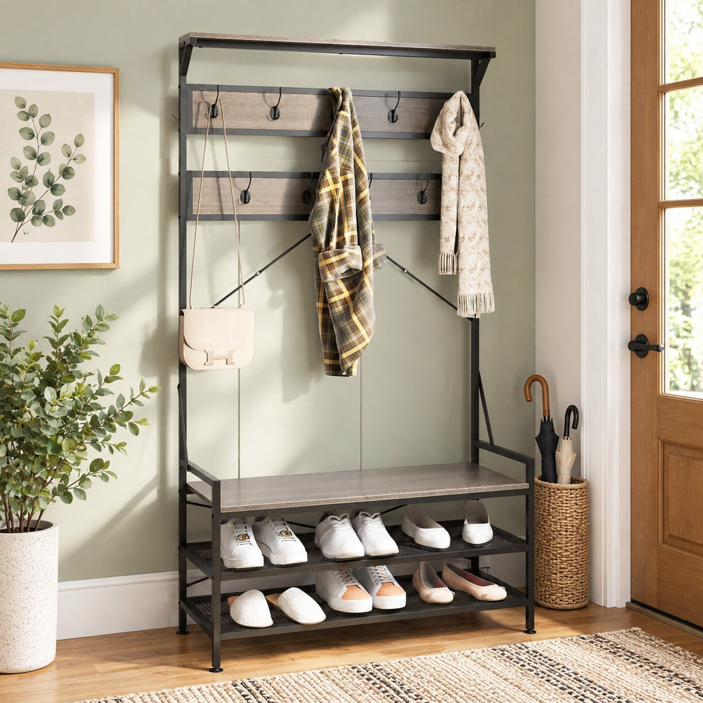 Airfind Coat Rack 4-In-1 Hall Tree with 11 Hanging Hooks Shoe Bench, 341 lbs Capacity, Engineered Wood Metal Frame, 40 x 16 x 72.5 Footprint