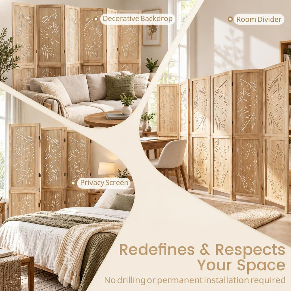 Airfind 6-Panel Wooden Room Divider with Palm Leaf Design and Paulownia Frame for Home, 67in x 16in x 5in Footprint, Natural