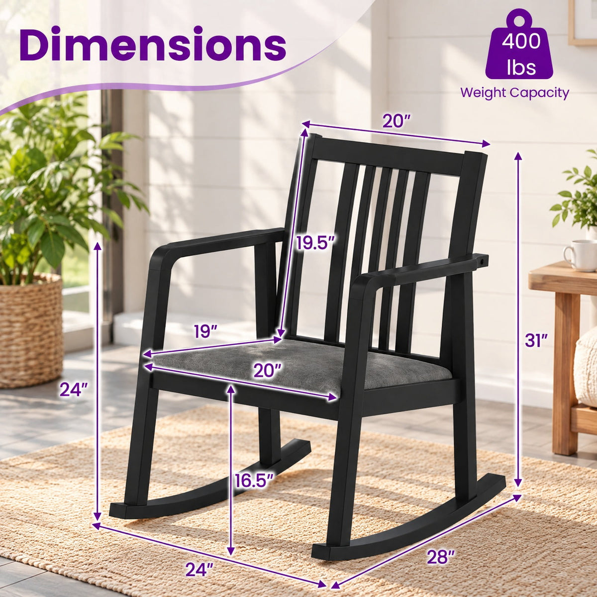 Airfind Rocking Chair with Slatted Back and Curved Armrests, 400 lbs Capacity, Rubber Wood Linen Fabric Sponge MDF Frame, 28 x 24 x 31 Footprint